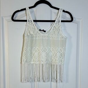 Cottagecore You Are Not Alone Elegant White Lace Boho Fringe Top size Medium